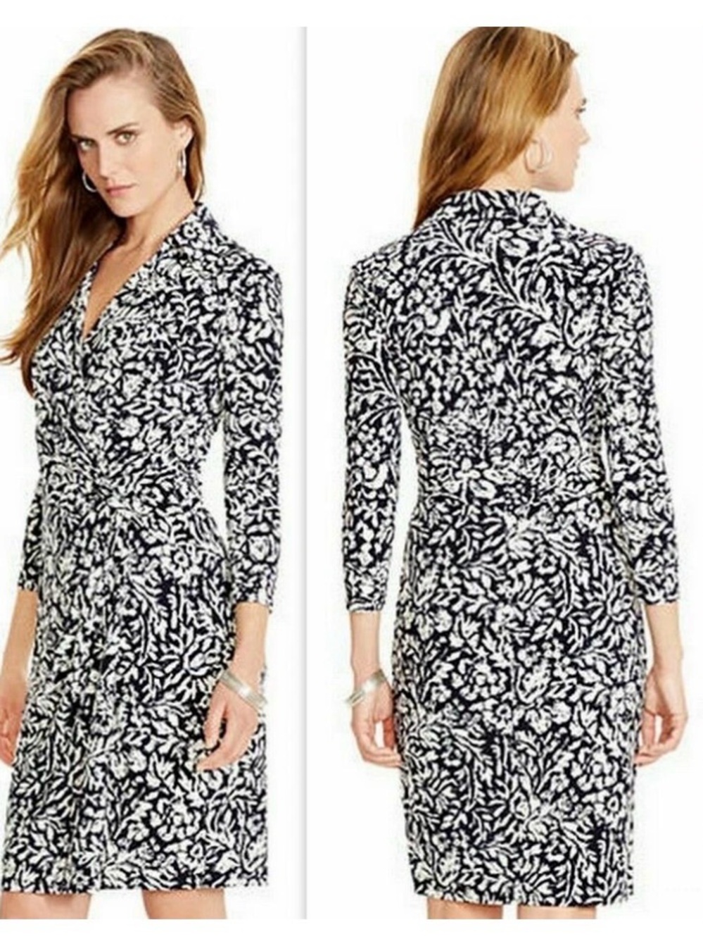 Lauren Ralph Lauren Navy & White Collared Knot Waist Dress